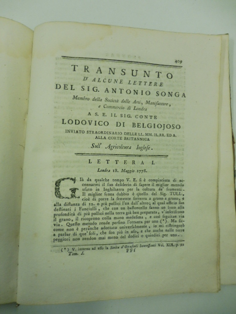 Transunto d'alcune lettere del sig. Antonio Songa membro della società delle Arti, Manifatture e Commercio di Londra a s.e. il sig. conte Lodovico di Belgiojoso inviato straordinario delle LL.LL.RR. ed A. alla corte britannica sull'agricoltura inglese